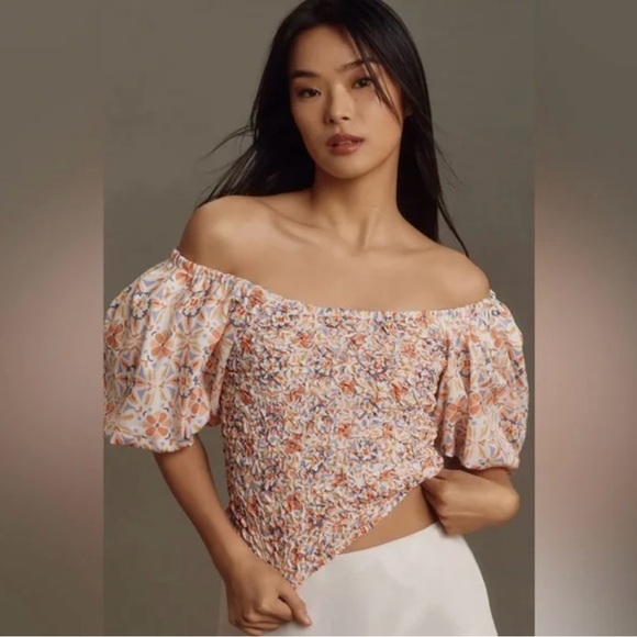 Anthropologie Dolan Multicolor Floral Off-Shoulder Textured Blouse,Puff Sleeve,M - Picture 1 of 13